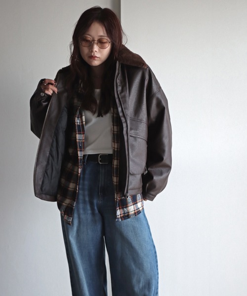 ブルゾン アウター 襟ファー脱着中綿フェイクレザーブルゾン