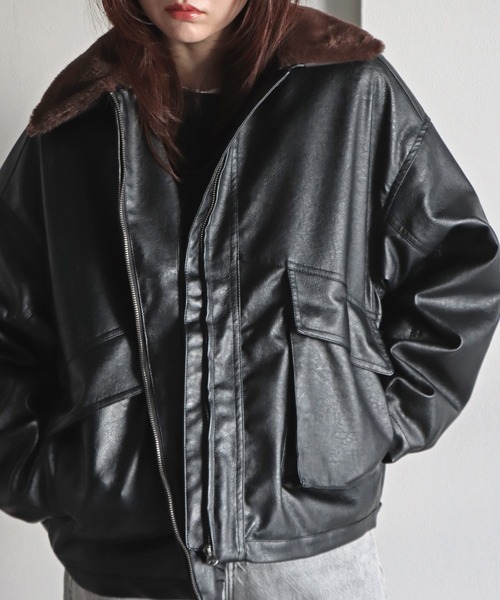 ブルゾン アウター 襟ファー脱着中綿フェイクレザーブルゾン