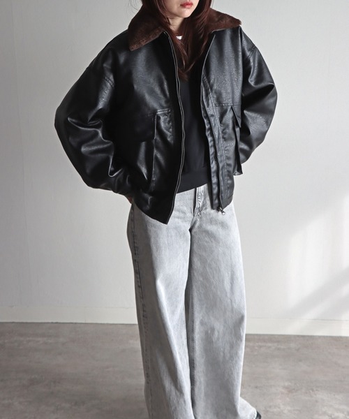 ブルゾン アウター 襟ファー脱着中綿フェイクレザーブルゾン