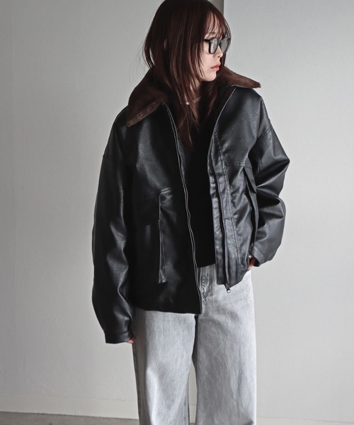 ブルゾン アウター 襟ファー脱着中綿フェイクレザーブルゾン