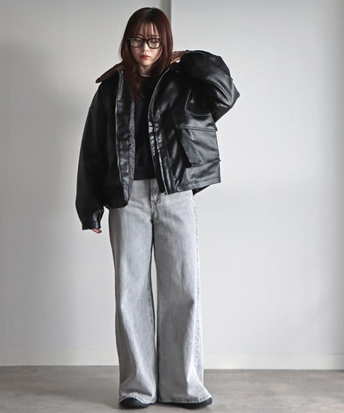 ブルゾン アウター 襟ファー脱着中綿フェイクレザーブルゾン