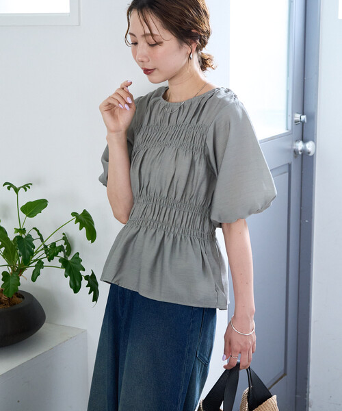グレー パフスリーブ シャツ 半袖 FREAK'S STORE（フリークスストア） ブラウス シャツ 夏 半袖 限定展開