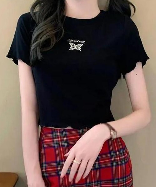 tシャツ クロップドバタフライトップス レディース メンズ shopnikoniko tシャツ Tシャツ レディース バタフライ刺繍