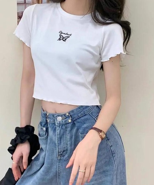tシャツ クロップドバタフライトップス レディース メンズ shopnikoniko tシャツ Tシャツ レディース バタフライ刺繍
