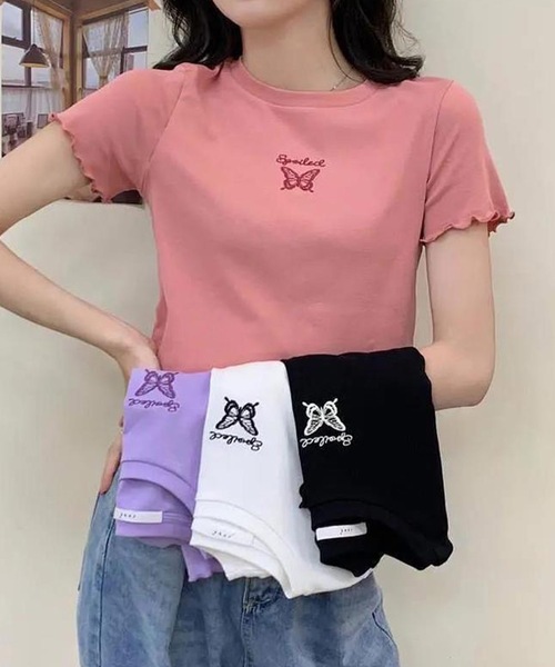 tシャツ クロップドバタフライトップス レディース メンズ shopnikoniko tシャツ Tシャツ レディース バタフライ刺繍