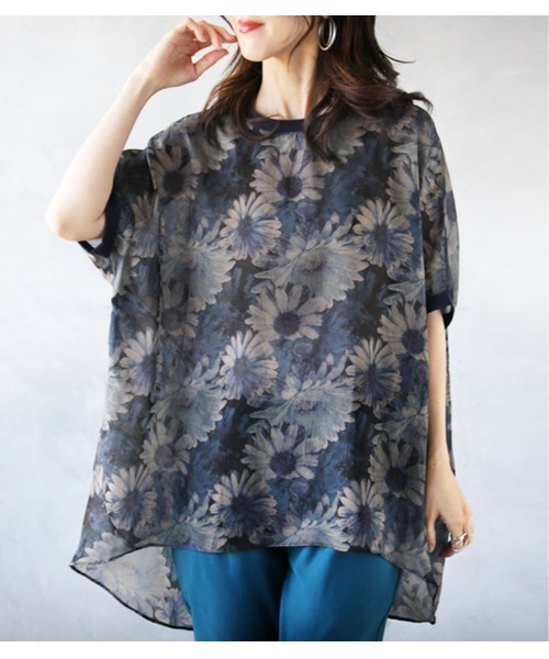 OTONA tシャツ 花柄シアートップス(ブルー ネイビー) レディース