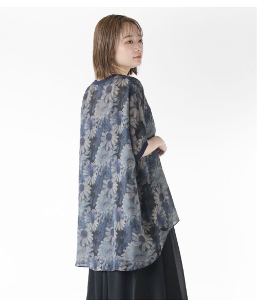 OTONA tシャツ 花柄シアートップス(ブルー ネイビー) レディース