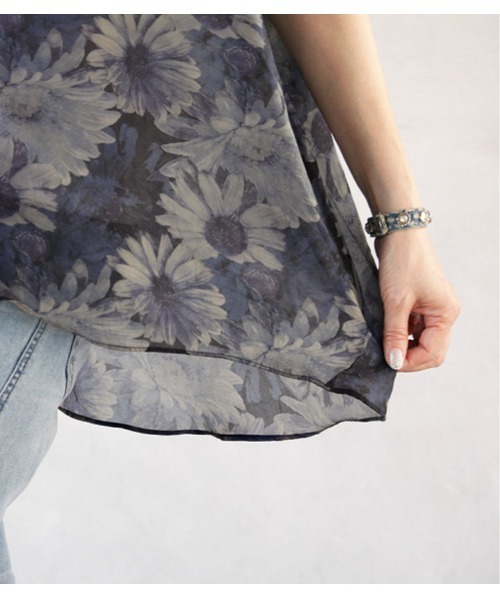 OTONA tシャツ 花柄シアートップス(ブルー ネイビー) レディース