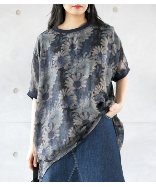Miaou 青色 花柄 シースルータンクトップ OTONA tシャツ 花柄シアートップス(ブルー ネイビー) レディース