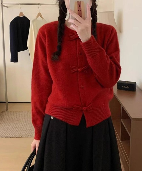 M'S GRACY♡袖リボン♡ボレロ♡カーディガン♡レッド♡赤 セール】リボンニットカーディガン ステッチリボンニットカーディガン