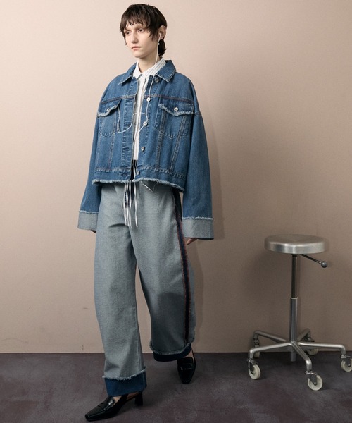 le ELMi デニムジャケット gジャン Roll-up fringe denim jacket
