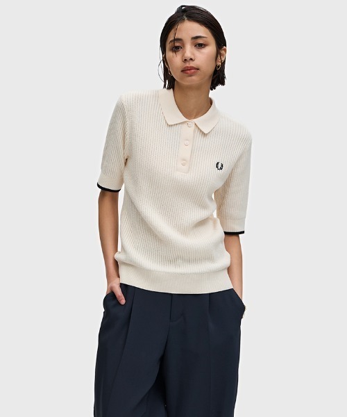 【美品】FREDPERRY ポロシャツニット　レディースUK10 A16@2 FRED PERRY ポロシャツ ポロ Mesh Knit Polo Shirt／メッシュ