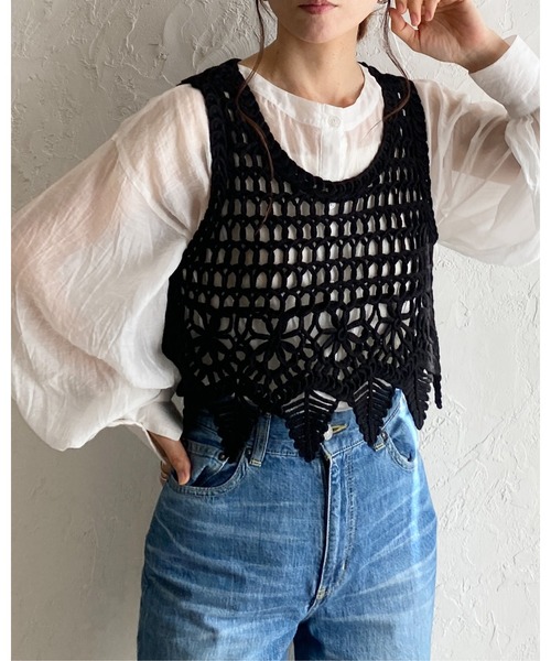 She's Closet ベスト ジレ 綿100％ショート丈かぎ編みクロシェ