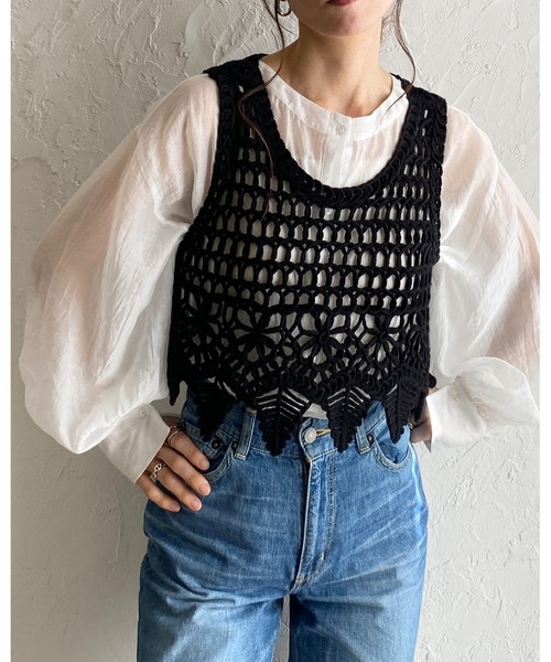 ベスト ジレ Wave stitch knit tops　　ウェーブステッチトップス レディース She's Closet ベスト ジレ 綿100％ショート丈かぎ編みクロシェ