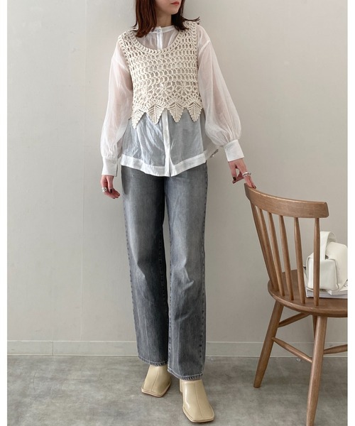 She's Closet ベスト ジレ 綿100％ショート丈かぎ編みクロシェ