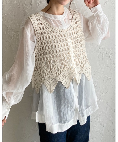 She's Closet ベスト ジレ 綿100％ショート丈かぎ編みクロシェ