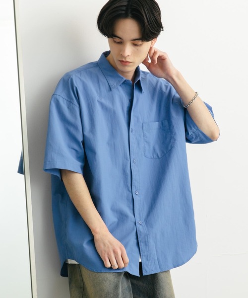 ネイビー 刺繍付き ショートスリーブシャツ NAVY シャツ メンズ 半袖 無地 リネン混 NAVY SARARI ショートスリーブ