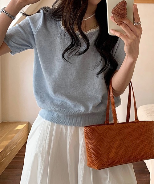 ★新品★バトナー半袖ニット BANICO ニット セーター スクエアネックパール付き半袖ニットトップス