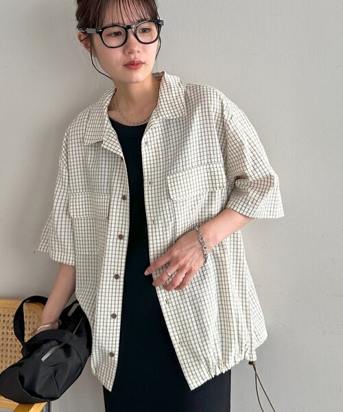 ブラウス シャツ 「UNISEX」チェックドローコードシャツ レディース メンズ ビッグシルエット ダブルポケット ドローコード チェックシャツ