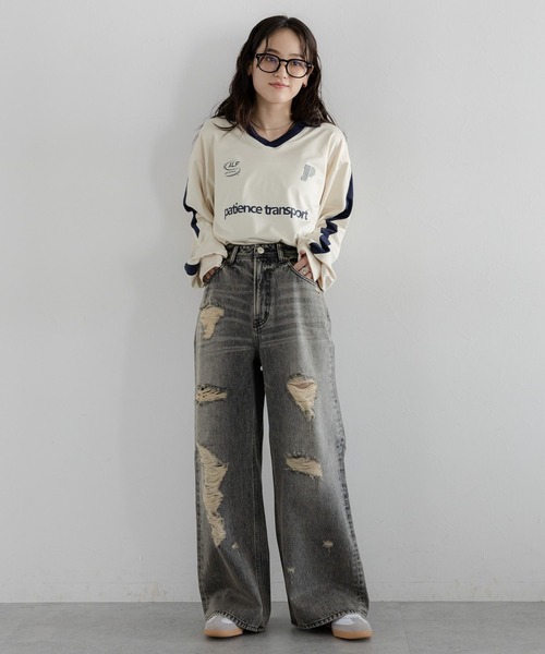 [RAGEBLUE] повреждение обработка Denim брюки LARGE голубой женский 