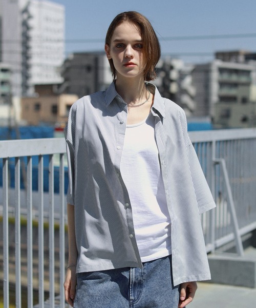 ROCHEM シャツ ルーズシルエット短丈ストライプシャツ メンズ