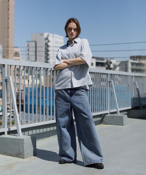ROCHEM（ローシェン） シャツ ルーズシルエット短丈ストライプシャツ