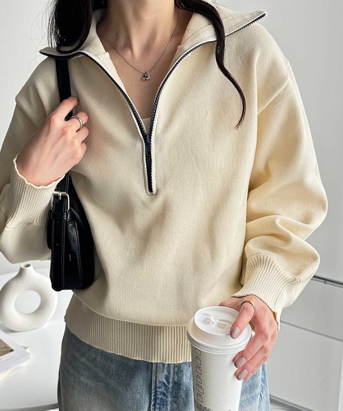 ニット セーター 「FIRSTMOODコラボ」配色ハーフジップニットプルオーバー レディース