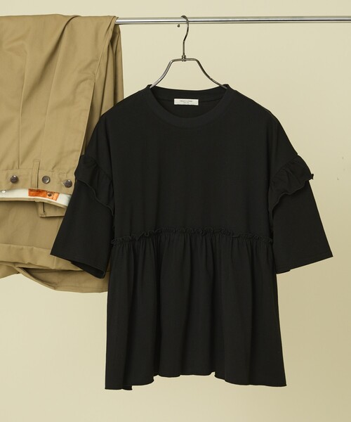 JIL SANDER フリル付きネイビー半袖Tシャツ JIL SANDER NAVY(ジルサンダーネイビー) Different fabric frill