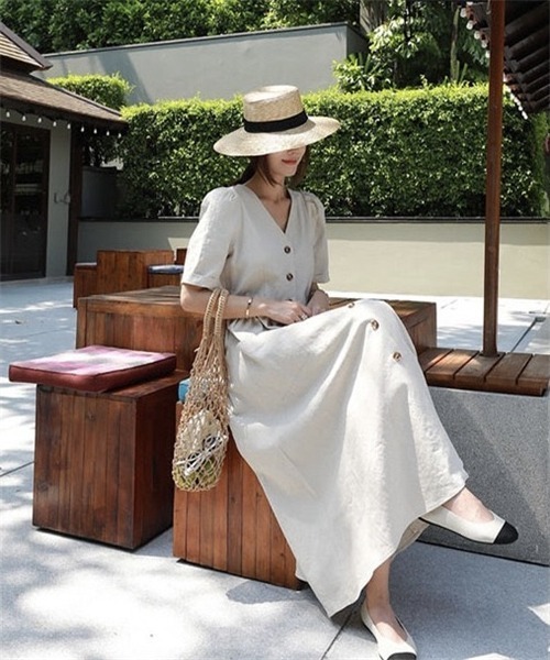 「Dream garden」 半袖ワンピース M ベージュ レディース_画像7