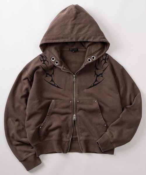 パーカー 「82」ケミカル加工 トライバル刺繍 ショート丈 ジップ