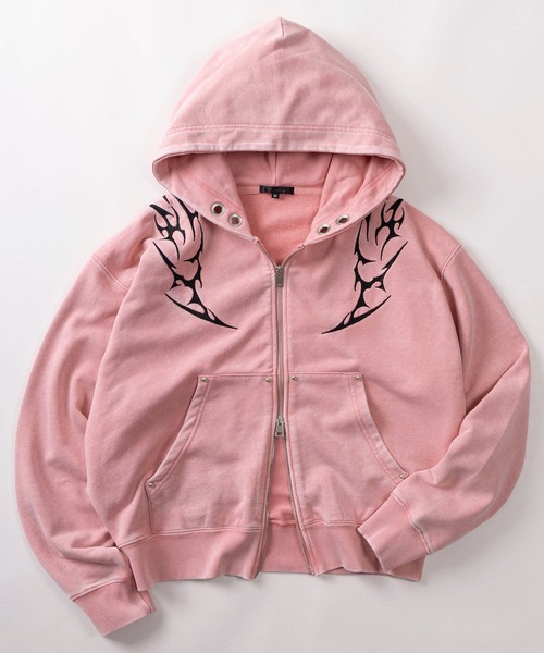 パーカー 「82」ケミカル加工 トライバル刺繍 ショート丈 ジップ