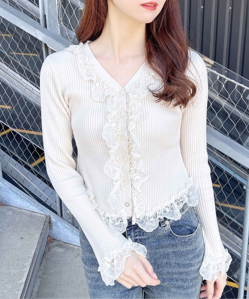 INGNI（イング） カーディガン フリルレースドッキングリブニット