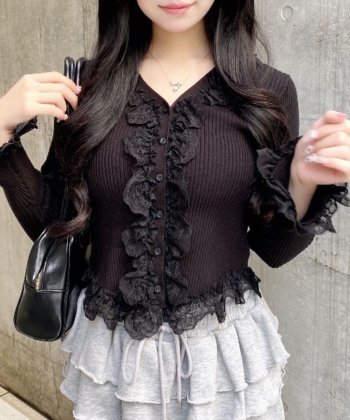 INGNI（イング） カーディガン フリルレースドッキングリブニット