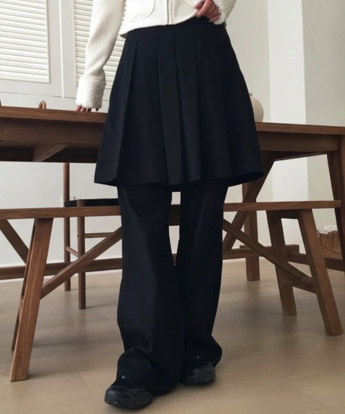 ワイドパンツ パンツ コンブレイヤードプリーツスカートパンツ