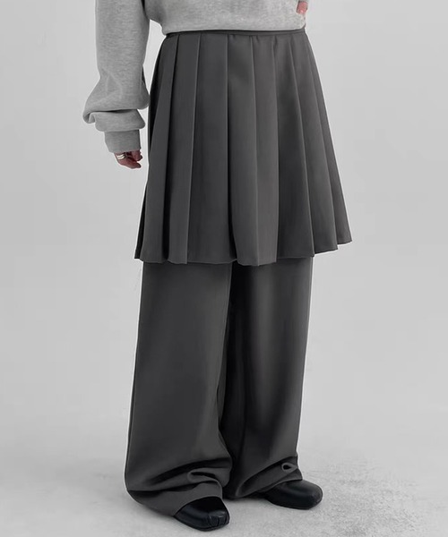 ワイドパンツ パンツ コンブレイヤードプリーツスカートパンツ