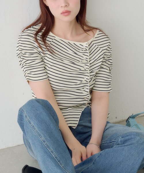 tシャツ ギャザーテレコ半袖カーディガン レディースの画像
