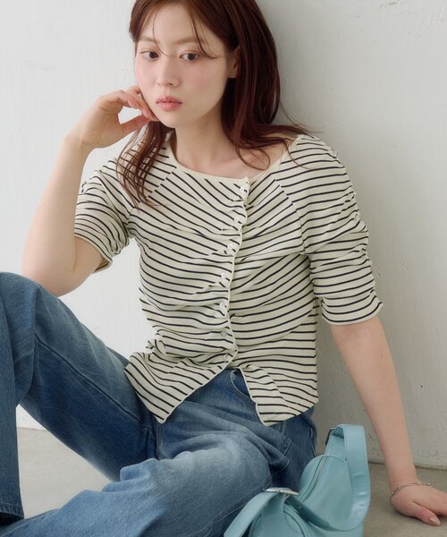 tシャツ ギャザーテレコ半袖カーディガン レディースの画像