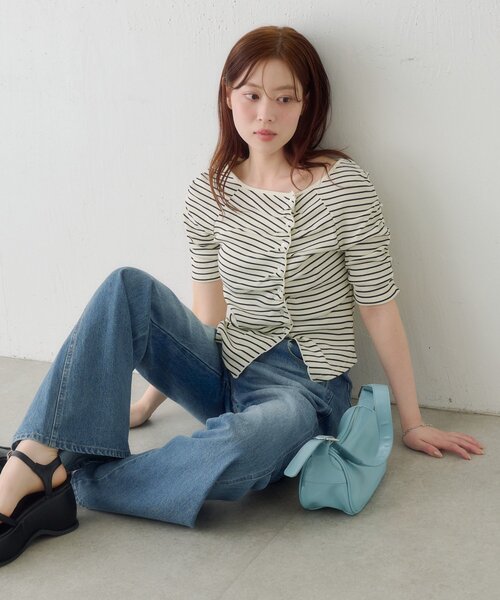 tシャツ ギャザーテレコ半袖カーディガン レディースの画像