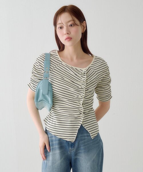 tシャツ ギャザーテレコ半袖カーディガン レディースの画像