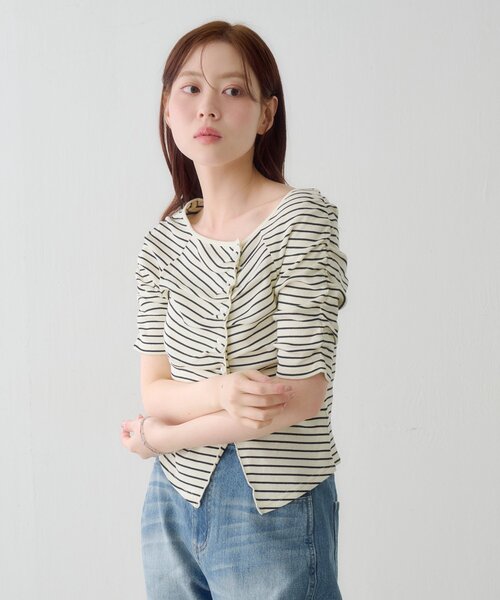 tシャツ ギャザーテレコ半袖カーディガン レディースの画像