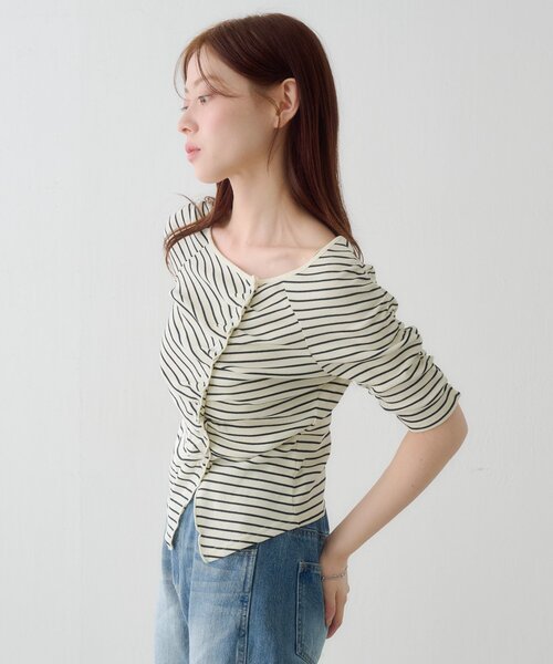 tシャツ ギャザーテレコ半袖カーディガン レディースの画像