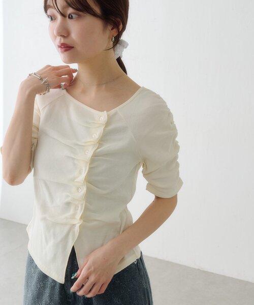 tシャツ ギャザーテレコ半袖カーディガン レディースの画像