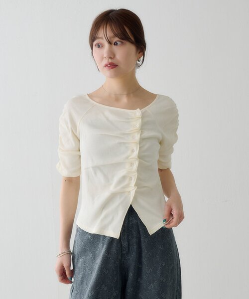 tシャツ ギャザーテレコ半袖カーディガン レディースの画像