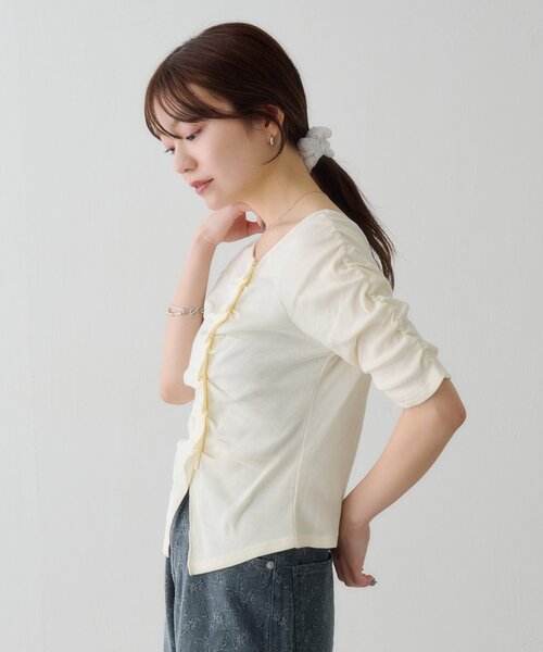 tシャツ ギャザーテレコ半袖カーディガン レディースの画像