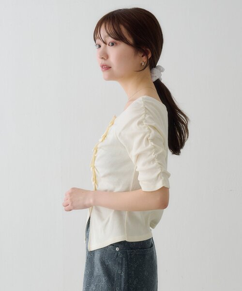 tシャツ ギャザーテレコ半袖カーディガン レディースの画像