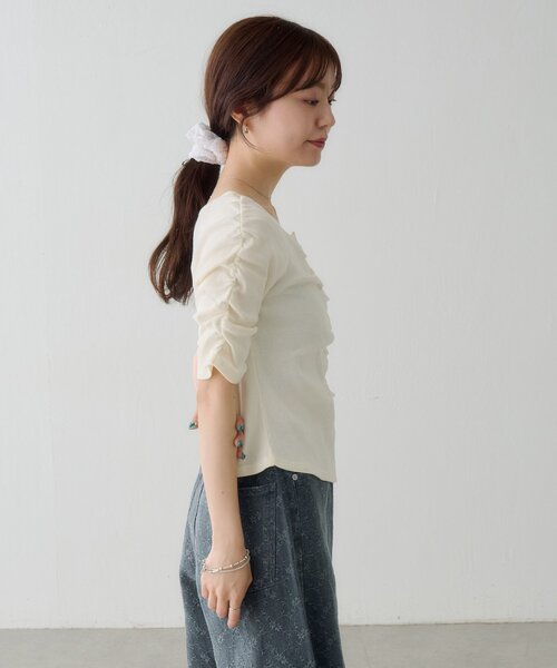 tシャツ ギャザーテレコ半袖カーディガン レディースの画像