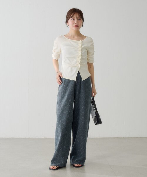tシャツ ギャザーテレコ半袖カーディガン レディースの画像