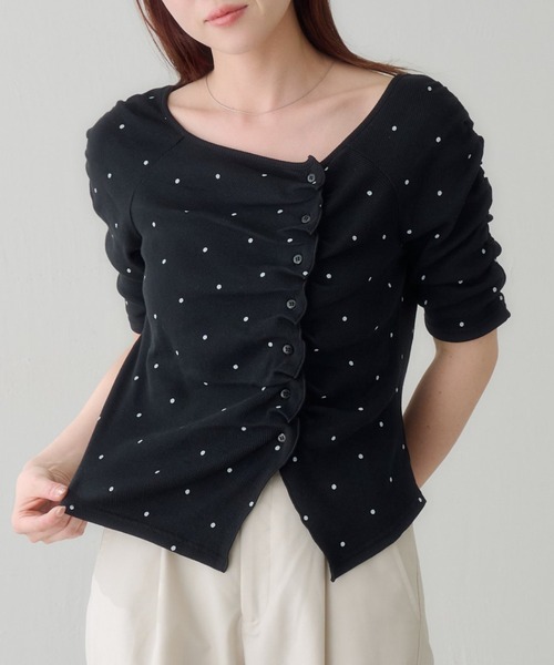 tシャツ ギャザーテレコ半袖カーディガン レディースの画像