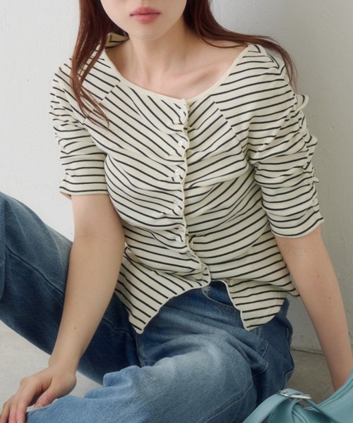 tシャツ ギャザーテレコ半袖カーディガン レディースの画像