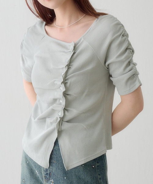 tシャツ ギャザーテレコ半袖カーディガン レディースの画像